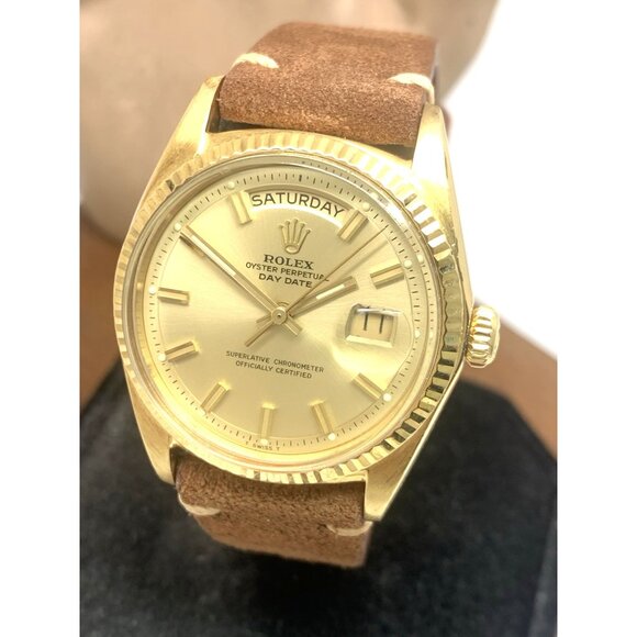 Rolex Men's Watch 1803 Vintage Swiss Automatic 18k Gold Case Brown Leather 36mm - Picture 1 of 16